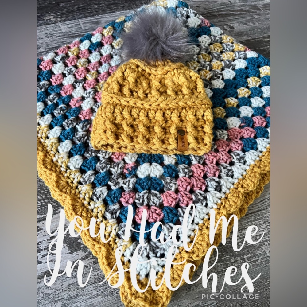 Handmade crocheted baby blanket with matching baby hat Acrylic yarn.